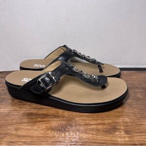 SAS Sanibel Dazzle T-Strap Slide Sandals, Black Silver, Women’s 9.5